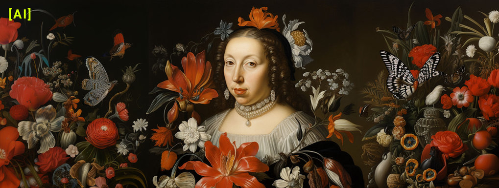  KI-generiertes Bild in der Anmutung von Maria Sibylla Merian, von Gesine Born, mit den folgenden englischen Prompts: - oil painting of [Portrait of Sibylla Merian] from 1700, in the style of Dutch tradition, with paintings by Maria Sibylla Merian]
