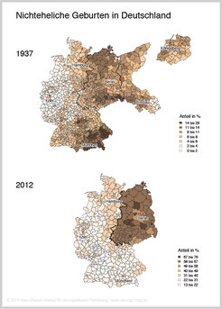 Alte Ungleichheit: Der Anteil nichtehelicher Geburten war schon 1937 in den Gebieten östlich der späteren deutsch-deutschen Grenze mit durchschnittlich 10,2 Prozent deutlich höher als westlich davon (6,3 Prozent, mit Bayern als historischer Ausnahme – siehe Text). Heute (2012) ist der Prozentsatz im Osten (58,8) über doppelt so hoch wie im Westen (28,4) und reicht von 16,7 Prozent im baden-württembergischen Alb-Donau-Kreis bis zu 70,9 Prozent in Ostprignitz-Ruppin in Brandenburg.