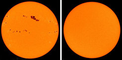 Solar cycle: Solar irradiance is not constant. The brightness of our Sun varies over an approx. eleven-year period, in which the number of sunspots also varies. The image on the left is from 2001 (solar maximum), the one on the right from 2009 (solar minimum).