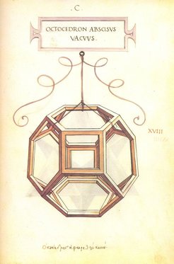 The drawings in the mathematical treatise "De Divina Proportione" by Luca Pacioli from 1498 are attributed to Leonardo da Vinci.