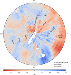 Galaktische Karte zeigt Sonnenposition mit rot-blauen Dichtekontrasten und markierten Regionen