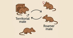 Diagram illustrating the interaction between territorial and roamer male mice, with a female mouse.